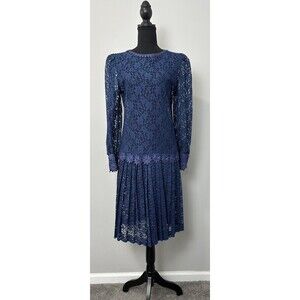 Antique 1920s Flapper Dress S Blue Lace Drop Waist Roaring Gatsby Vtg Jazz Dance